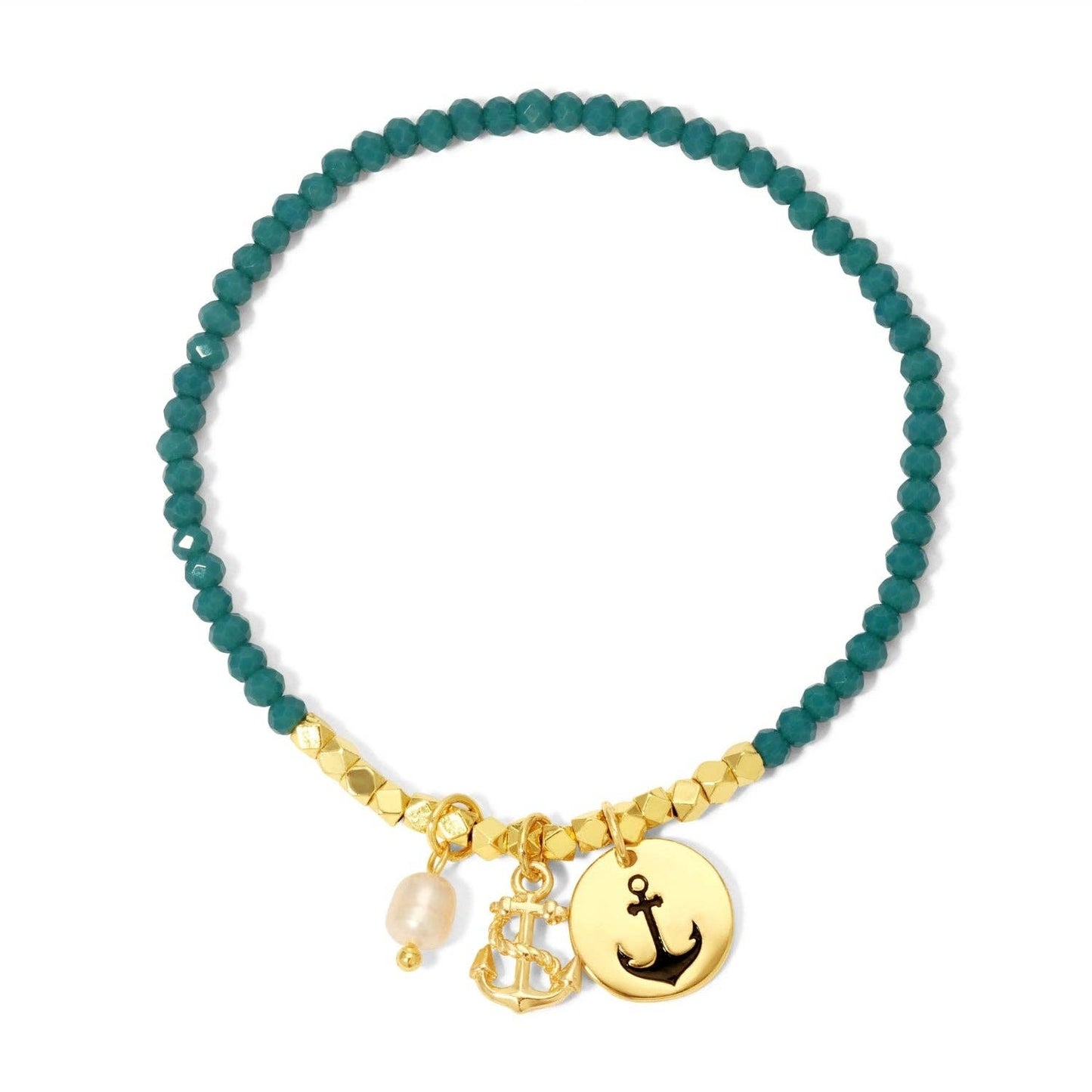 ⚓ Anchor Charm Bracelet | Nautical Stretch Bracelet | Teal Beaded Coastal Jewelry