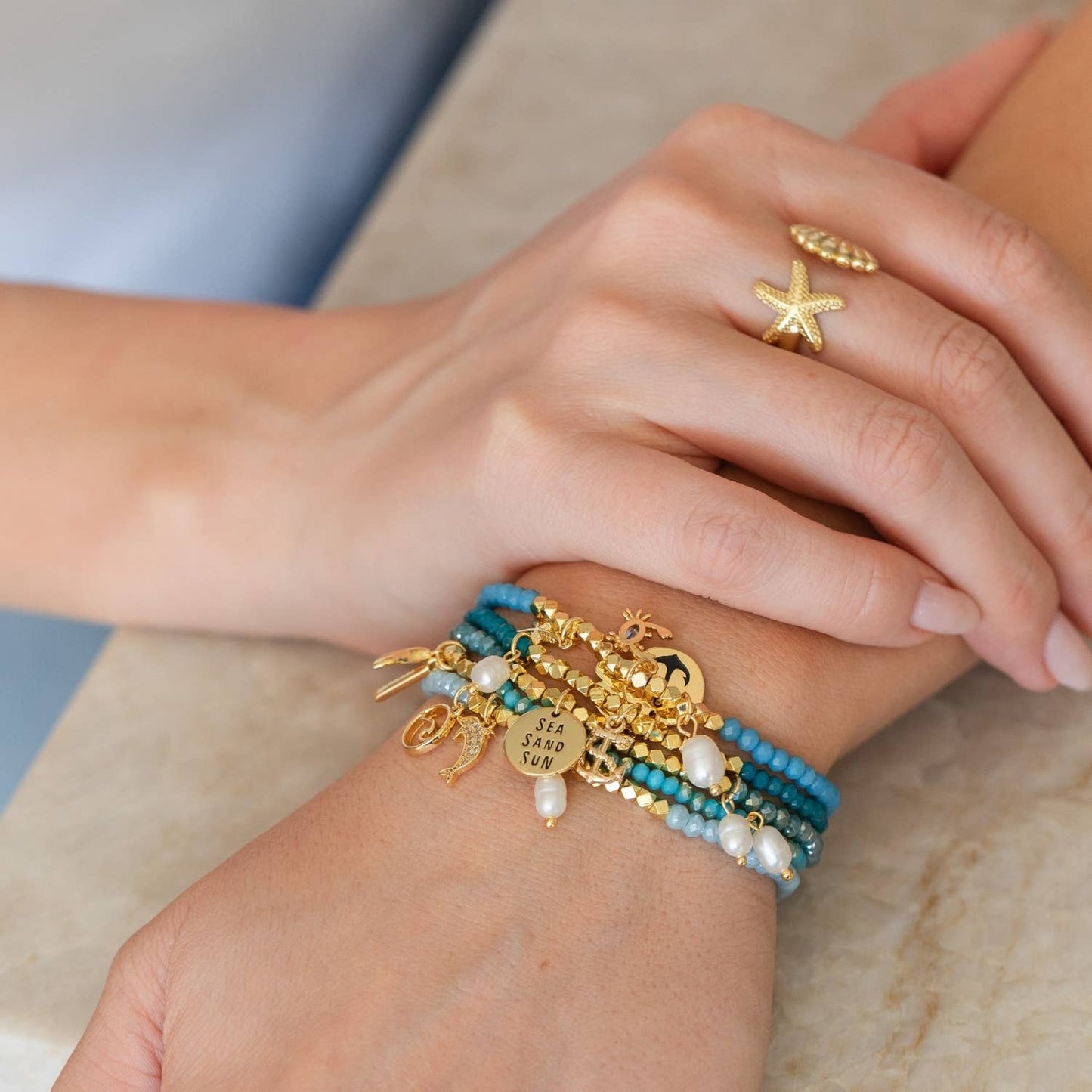 ⚓ Anchor Charm Bracelet | Nautical Stretch Bracelet | Teal Beaded Coastal Jewelry